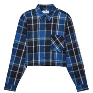 Aritzia TNA Shirt Flannel Plaid Cropped Button Up Black Blue Women's size XS